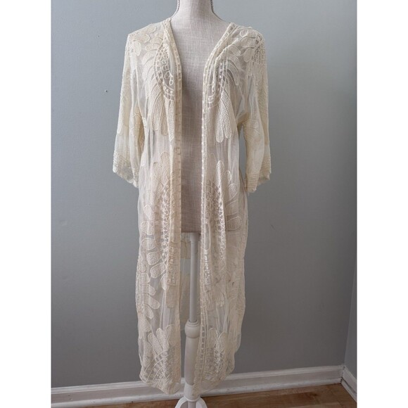 REBELLION Lace Floral Duster Robe Beach Cover Festival Kimono‎ Boho Cardigan L - Picture 1 of 7